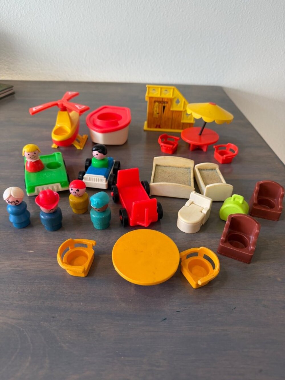 Vintage Fisher Price Little People Toy Lot Vehicles Figures Helicopter Furniture